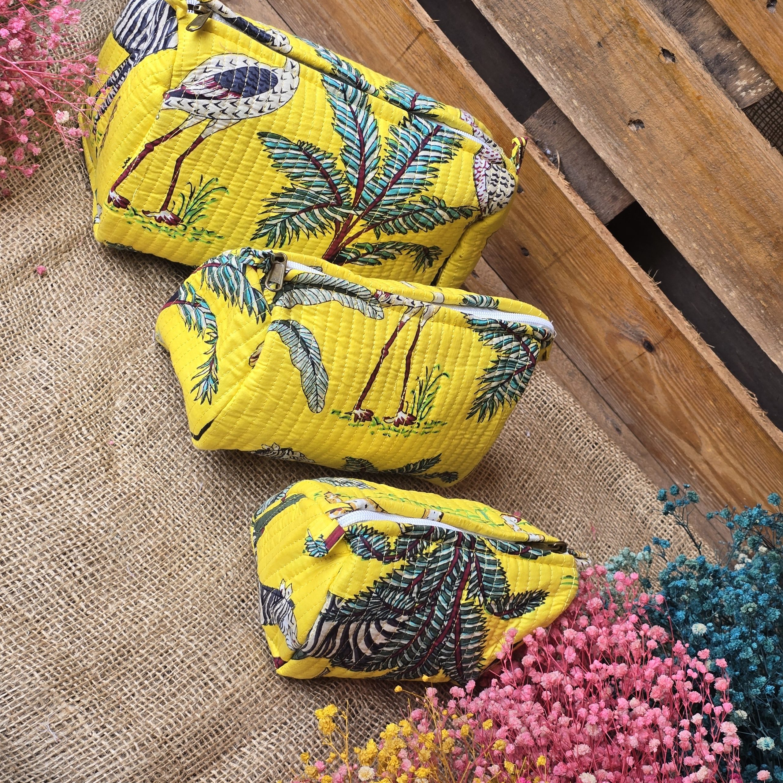 Quilted Pouches Set: Yellow Jungle